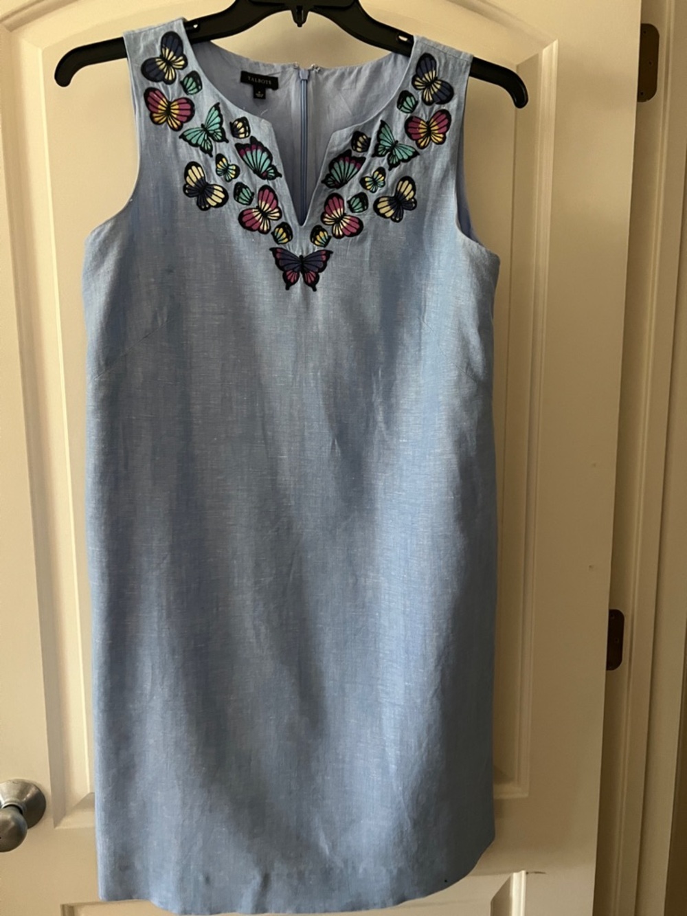 Talbots Light Blue Sleeveless Linen Shift Dress with Butterfly Embroidery